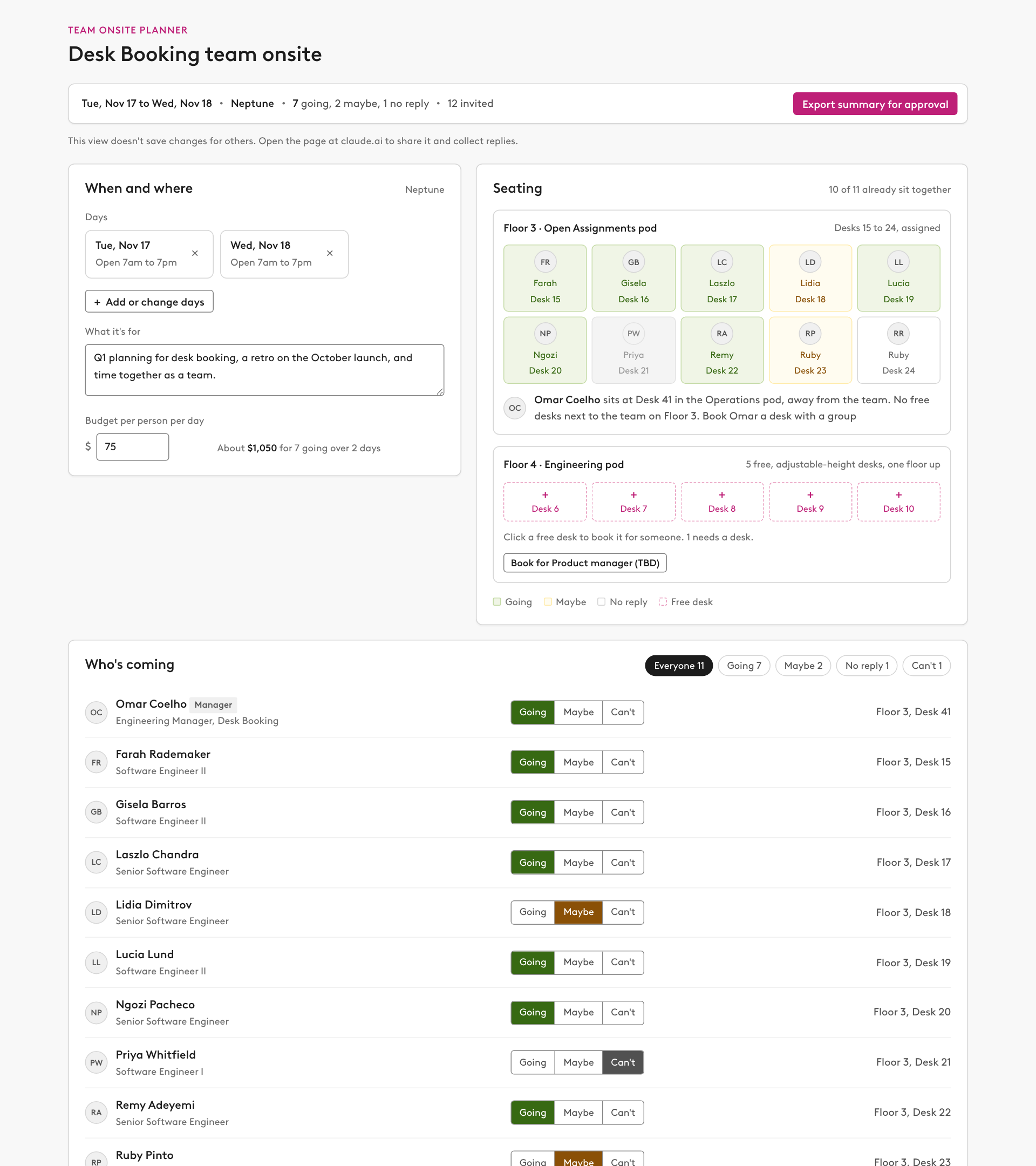 Preview of Team onsite planner